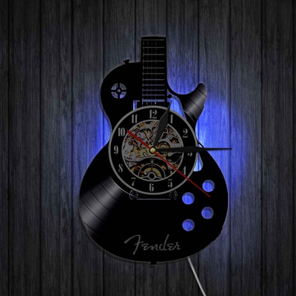 12-tums vinyl väggklocka med lampa vardagsrum studie retro gitarr cd skivväggklocka ljudlös anpassad klocka