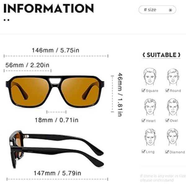 Polarisoidut Retro Aviator -aurinkolasit naisille ja miehille, vintage 70-luvun neliönmalliset aurinkolasit Black/Yellow