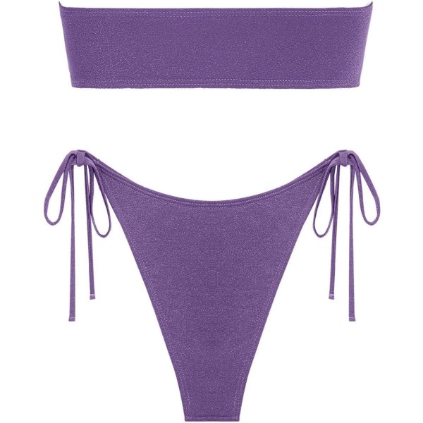 WJSM Dame Bandeau Bikini Sæt Binde Side Badetøj O Ring Cinched Stropløs Badedragt Halter Todelt Badedragt 446_purple Metalic L