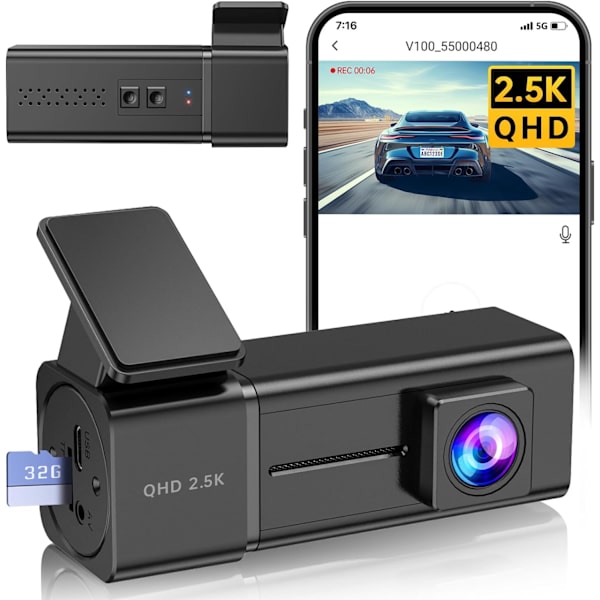 Dash Cam, 2.5k 1440P WiFi Dashcams, Dash Camera for Cars with APP, Mini Car Camera, Free 32GB SD Card, Night Vision, 24H Parking Mode, G-Sensor, Loo Black