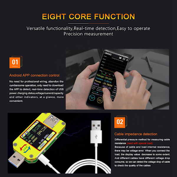 Bluetooth USB3.0 Fargeskjerm Spenning Strøm Tester Voltmeter Multimeter Type C Grensesnitt