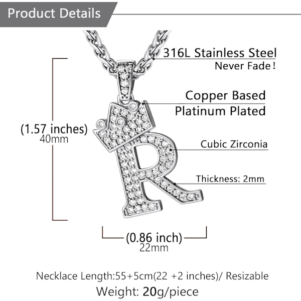 Krone Initial A-Z Halskjede, Iced Out Bokstavanheng med 22-24 Tommers Kjede, Menn Kvinner Bling Hip Hop Alfabet Navn Smykker Gave Store Initialer Halskjeder R Silver