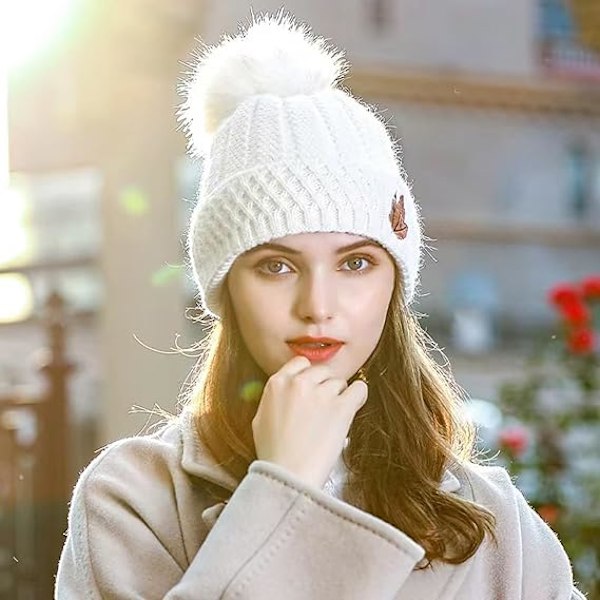 Dam Beaniehatt med Pompom, Fleecefodrad Vinterhatt, Mjuk Varm Söt Skalle Beaniehatt för Kallt Väder