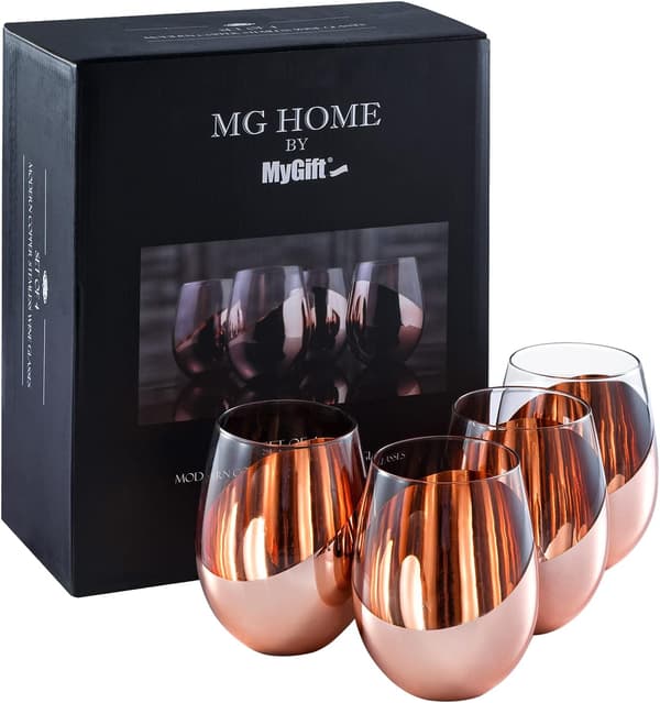MyGift Moderne Accent Stemless Vinglas Sæt, Rødvinglas Sæt af 4 Copper