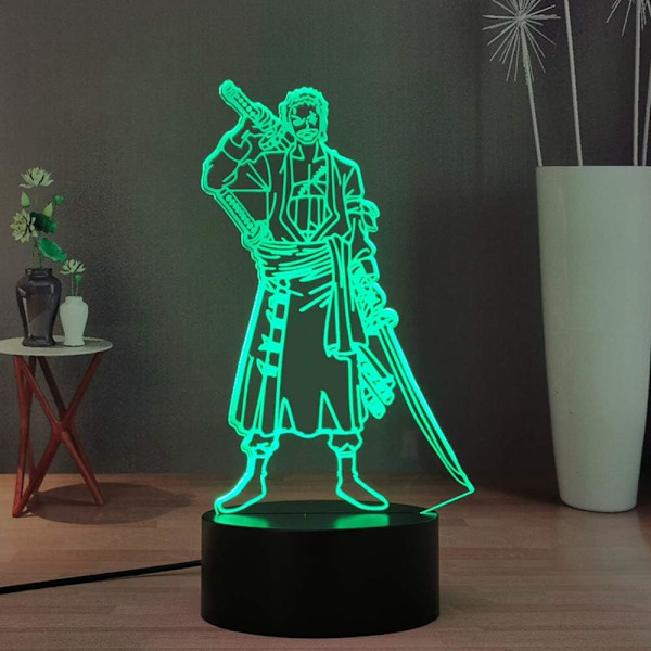 Anime Roronoa Zoro 3D nattlampe, Manga figur Luffy Zoro berøringslampe ved siden av sengen 16 farger soverom LED nattlampe, Anime Luffy 3D skrivebordslampe for barn