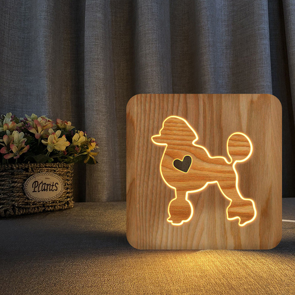 Nattlampa i form av en pudel i trä, 3D-lampa, kreativ trälampa, enkel dekorativ lampa, 3D-träskulpturmönster, LED-nattlampa för skrivbord