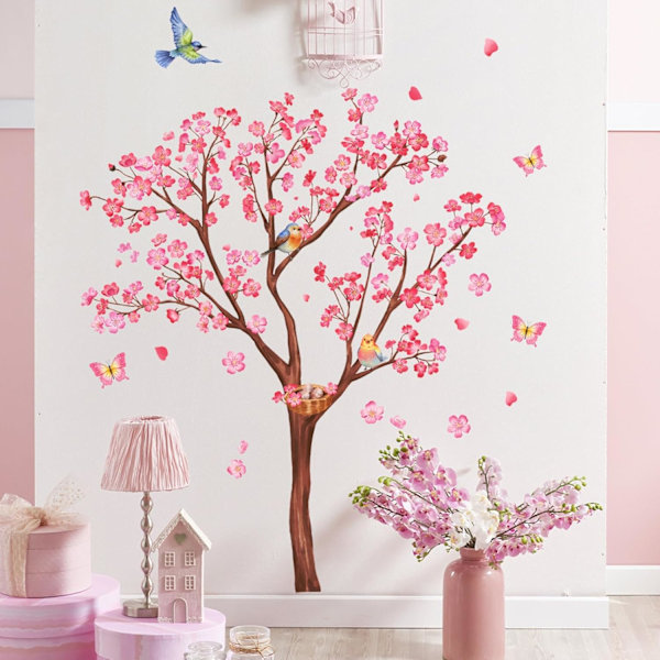 Pink Blossom Tree Wall Decals Birds on Branch Wall Stickers Pink Floral Betterfly Wall Decor Flower Wall Decals for Bedroom Living Room