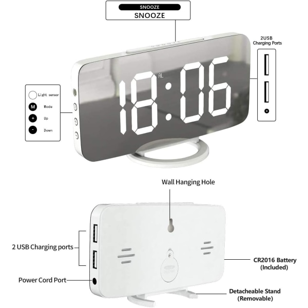 Digital vekkerklokke, stor speilet LED-klokke, slumre, dempet nattlys 2 USB-laderporter Skrivebordsvekkerklokker for soveromsinnredning (hvit)