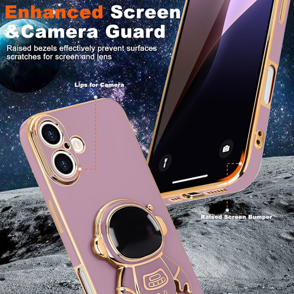 För iPhone 16 Plus Skal, Sött 3D Astronaut Ställ med [2 Skärmskydd] [Kameraskydd] Stötfångare Stöttåligt Bling Silikon S Purple