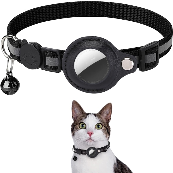 AirTag Cat Collar Reflective Adjustable Cat Collar with Air tag Holder and Bell Breakaway Buckle Lightweight for Pets Kitten, Black