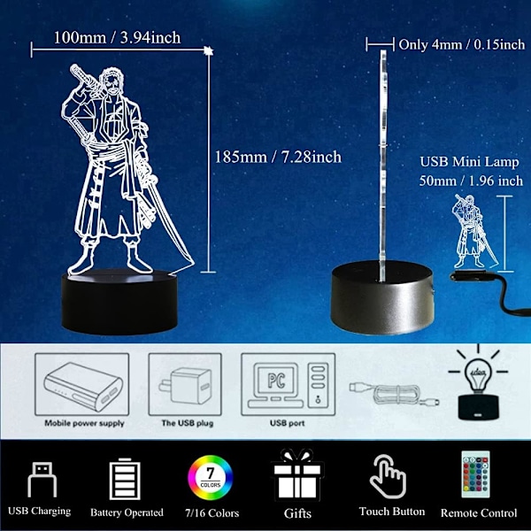 Anime Roronoa Zoro 3D nattlampe, Manga figur Luffy Zoro berøringslampe ved siden av sengen 16 farger soverom LED nattlampe, Anime Luffy 3D skrivebordslampe for barn