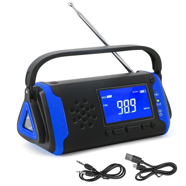 MD‑097 Solar håndsving FM vejrradio udendørs nødoplader med blitzlys blåUS-version