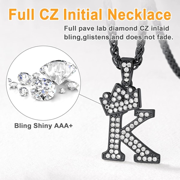 Krone Initial A-Z Halskjede, Iced Out Bokstavanheng med 22-24 Tommers Kjede, Menn Kvinner Bling Hip Hop Alfabet Navn Smykker Gave Store Initialer Halskjeder K Black