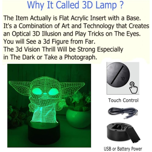 3D LED Natlys, 3D Illusion Lampe med 7 Farveskiftende Akryl LED Lampe til Hjemmedekoration Gaver Legetøj til Børn, Flad Akrylpanel og A
