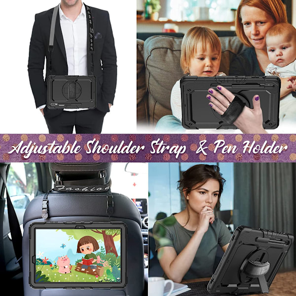 Tab S7 Plus S7+ 12,4\" 2020 (SM-T970/T975/T976) Deksel, 360 Graders Roterende Stativ/Håndstropp, [Skjermbeskytter] Galaxy Tab S7+ Svart Håndstropp