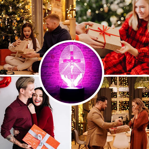 Attivolife Kristus Jesus Kors 3D Optisk Illusjon LED Soverom Dekor Søvn Nattlys med Fjernkontroll 7 Farger Bordlampe Bursdag Kristen Gave til Reli