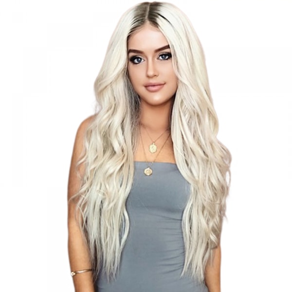 Lång vågig blond peruk för kvinnor, naturligt strandvågigt lockigt hår   (Platinablond, 26 tum)