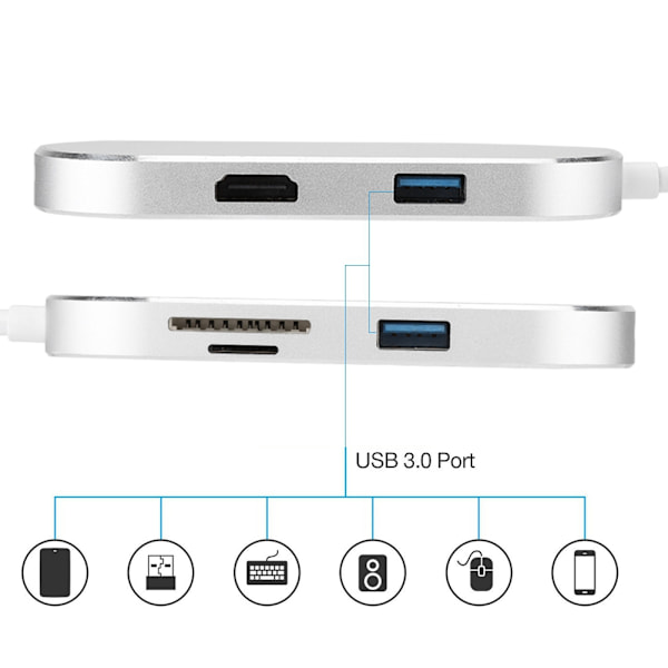 6-in-1 Type-C - HDMI+USB3.0*2+PD lataus+SD+TF Hub-sovitin
