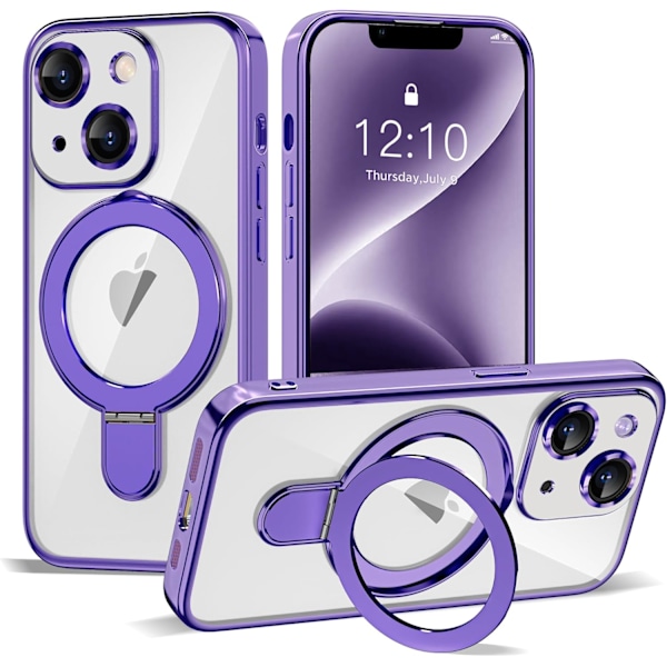 iPhone 14 Plus Skal med Osynlig Magnetisk Ringstativ [Kompatibelt med Mag-Safe] [Fullständigt Kameralinsskydd] Pläterad Klar för iP Purple