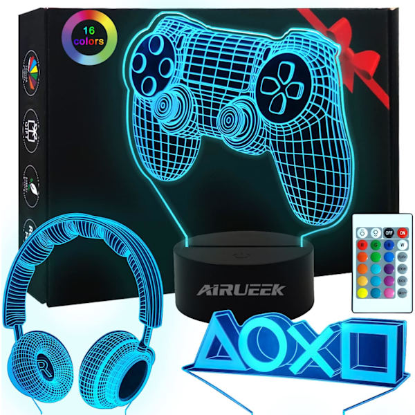 3D Illusion Lampe Spilrum Dekoration Natlys med 16 Farver Skiftende Dæmpbar med Fjernbetjening & Smart Touch Lamper (3 Mønstre) Cool Gamer Gave