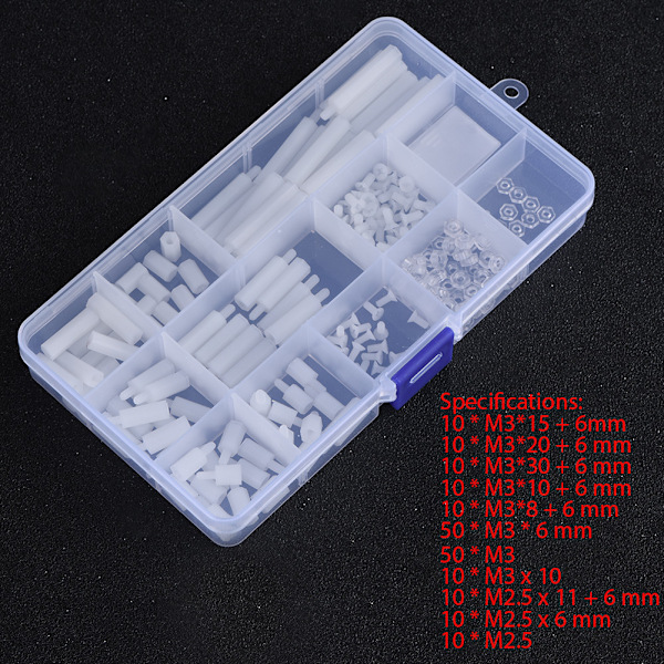 210 stk skruesett plastskruer og muttere med oppbevaringsboks for DIY Raspberry Pi 2/3