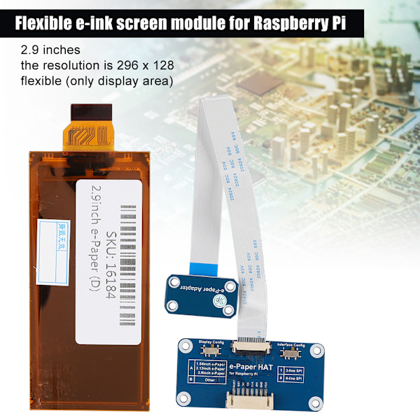 2,9-tums flexibel E Ink-skärm Svartvit Passar för Raspberry Pi 296 x 128 Upplösning
