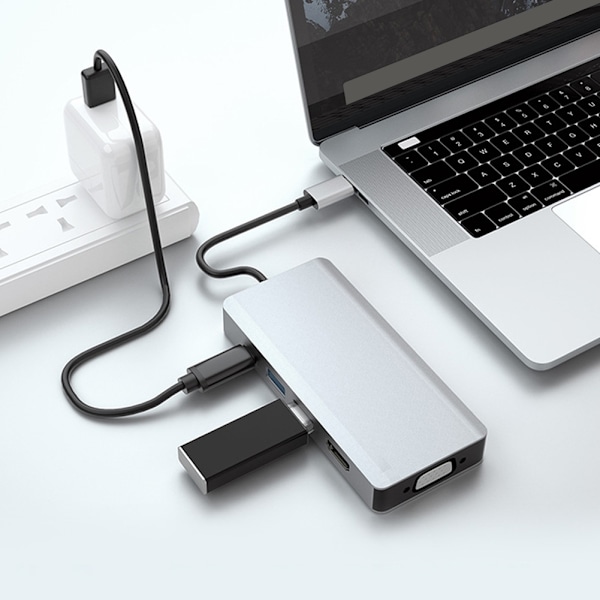 Aluminium Type C 5-i-1 dockingstation med HDMI dobbelt skærm til iphone Mac Book / Huawei Mate Book