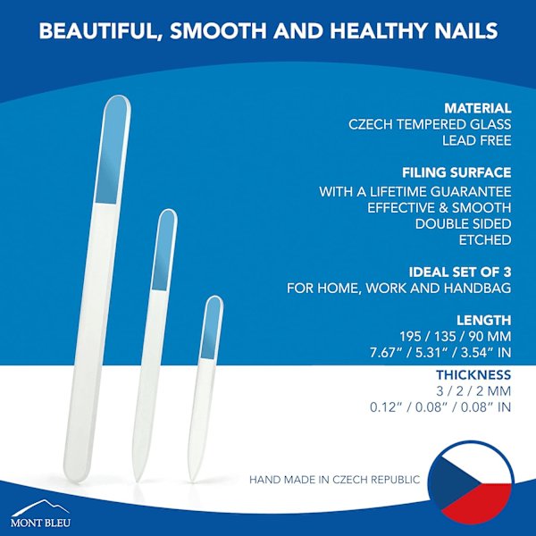 Nagelfil - Mont Bleu Premium Set med 3 Glasnagelfilar i Fodral - Födelsedagspresenter för Kvinnor - Regnbågsfärger - Äkta Tjeckisk Härdad