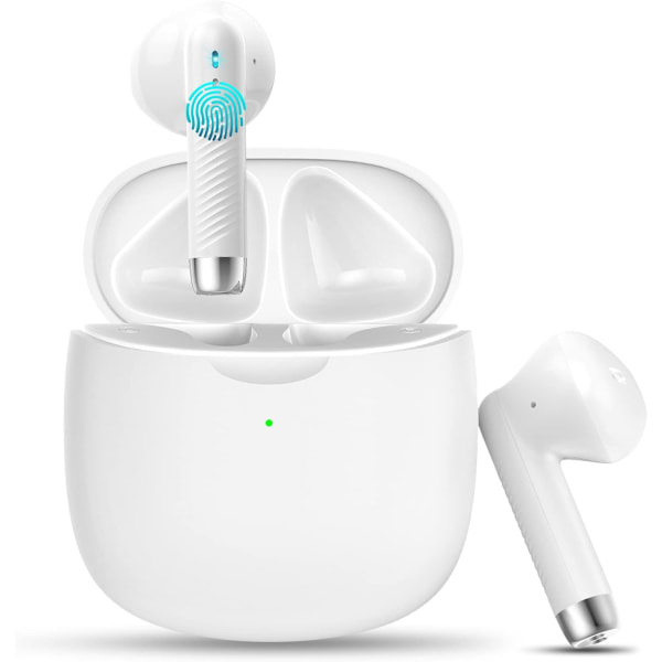 Trådløse ørepropper, Bluetooth 5.3 hodetelefoner i øret med støydemping, ørepropper stereobass, IP7 vanntette sportsøretelefoner, 32H spilletid USB White