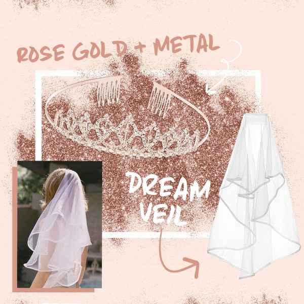 Dekorationer för möhippa - Rose Gold Glitter Kit - Brudtärnas tiara-tillbehör, brudens strasskronor, slöja + Bride Tribe-tatueringar