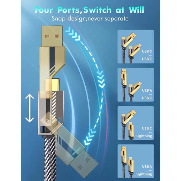 4-i-1 USB C-kabel Lynkabel 60W [Hurtig opladning og datasynkronisering] Fladvævet anti-tangle iPhone-opladerkabel med velcro (gul)