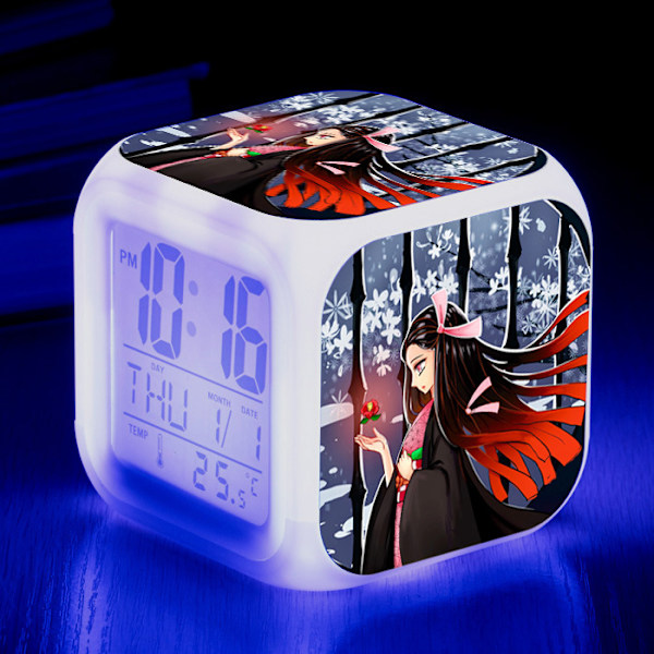 Wekity Anime Ghost Slayer Färgglad Väckarklocka LED Kvadratisk Klocka Digital Växklcka med Tid, Temperatur, Alarm, Datum