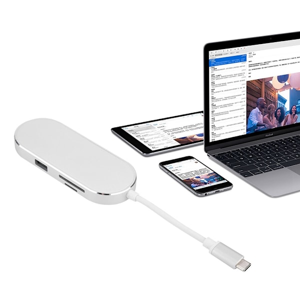 6-in-1 Type-C - HDMI+USB3.0*2+PD lataus+SD+TF Hub-sovitin