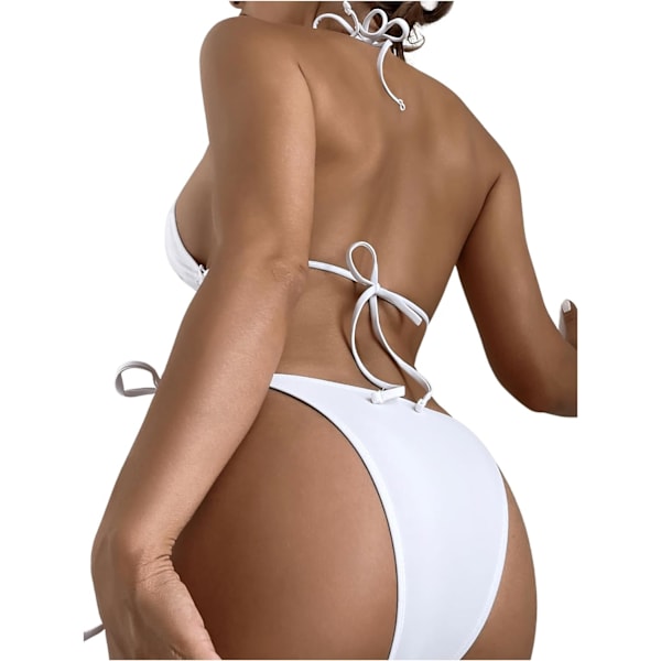 WJSM Naisten Halter-solmio Sivu Kolmio Bikinisetti Korkea Leikkaus 2-osainen Bikini Uimapuku Rhinestone White L