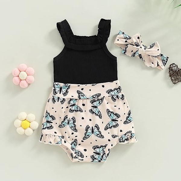Babykläder Flicka Sommar Söta Kläder 12 18 Månader Spaghettiband Romper & Blommig Shorts Set black 80CM