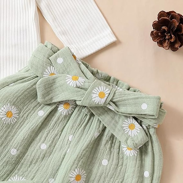 Nyfödd Spädbarn Flickkläder Ribbstickad Romper Tusenskönatryck Byxor Hårband Babykläder för Flickor green 70CM