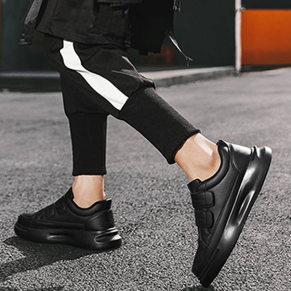 Herre Low Cut Sportsko 4 Rem Stropper Krog og Lås Fodtøj PU Læder Tyk Solet Casual Sko Black 42