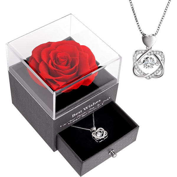 Bevarad ros i presentförpackning med halsband - Bästa present till mors dag, födelsedag, årsdag, jul, alla hjärtans dag, mamma, fru, flickvän (röd)