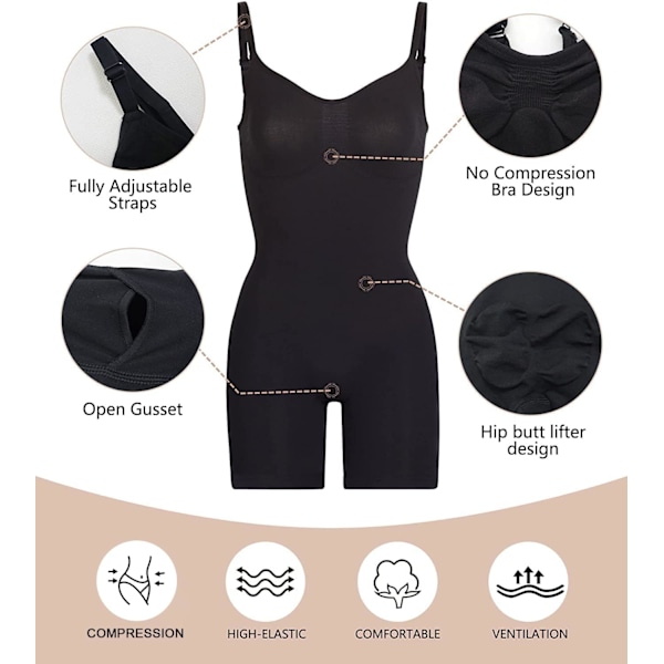 Kvinnors Shapewear Bodysuit Tummy Control Body Shaper Seamless Sculpting Snatched Waist Body Suit Black Mid Thigh XL
