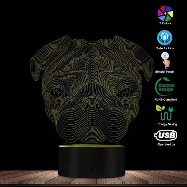 3D Søt Fransk Bulldog Mops Formet Nyhet Bordlampe LED Nattelys Hjemmedekor Kjæledyr Hund Valp Dyr 3D Optisk Illusjon Lys