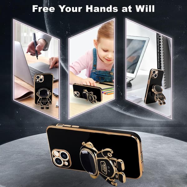 For iPhone 15plus Deksel, Søt 3D Astronaut Stativ med [2 Skjermbeskyttere] [Kamerabeskyttelse] Støtsikker Bling Silikon Sof black