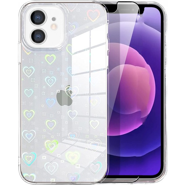 Kompatibel med iPhone 12  Etui (2020) 6,1 tommer Laser Bling Glitter Regnbue Hjerte Etui, Søtt Mønster Designet for iPhone 12 Etui Jenter Damer