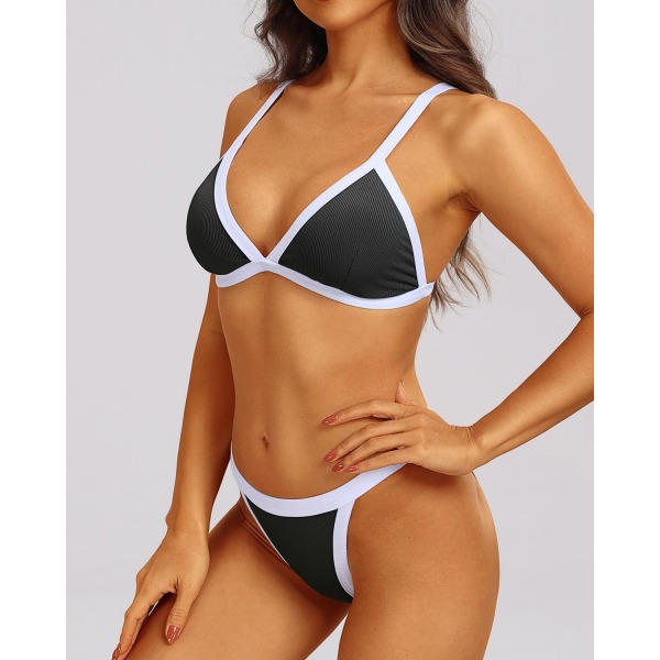 WJSM Kvinde Trekantet Bikini Sæt Halter Todelt Sexet Badetøj String Bånd Side Badetøj Black White S