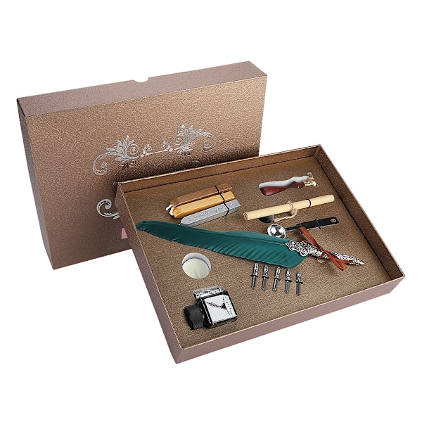 Retro Quill Feather Writing Pen Presentförpackning med Tom Blåsflaska Quill Set för Lärare Bläck Grön