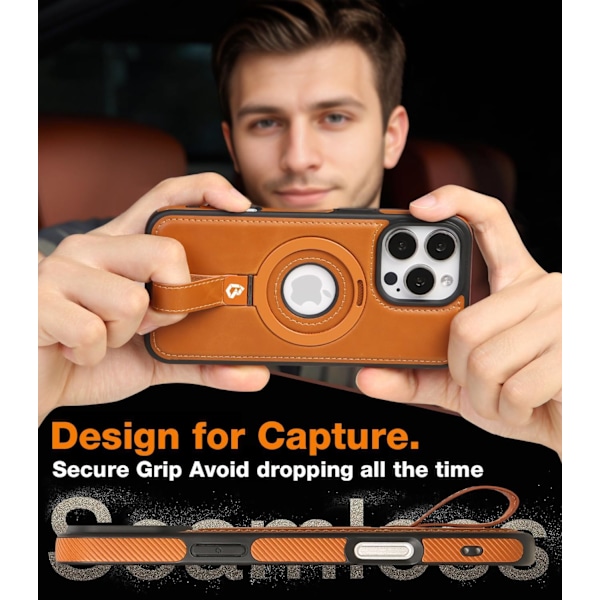 Magnetisk Ringgrepphållare för Mobilskal | Skyddande Mobilskal i Läder | Kompatibel med MagSafe | Inbyggt Ställ iphone 14pro brown