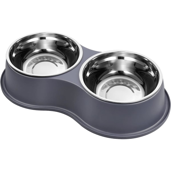 Dog Bowls Double Dog Water and Food Bowls Stainless Steel Bowls with Non-Slip Resin Station, Pet Feeder Bowls for Puppy Medium Dogs Cats，Gray