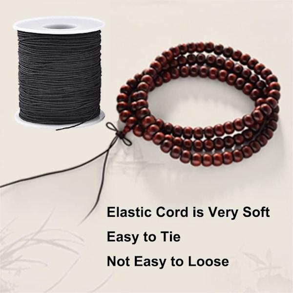 Elastisk snor til armbånd, 1 mm x 110 meter robust elastisk snor til smykkefremstilling, halskæder, perlearbejde - sort Black and White