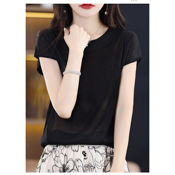 Sommer Ny Casual Kortærmet Dame Rund Hals Strik Sweater Ærme T-shirt Løs Western-stil Lys Silke Elegant Top black M