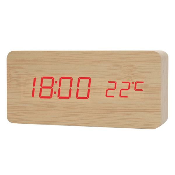 Retro träväckarklocka Kreativ ljudlös student LED lysande elektronisk klocka mode träklocka vardagsrum sängbordsklocka（bambu rött ljus）