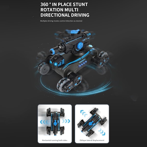 RC-tempputyylikko, joka ampuu vesiluoteja, eleohjattava kauko-ohjattava tankki 360 asteen pyörityksellä, suihkulla, 2,4 GHz:n 4WD RC-autot, joissa on 2 akkua lapsille